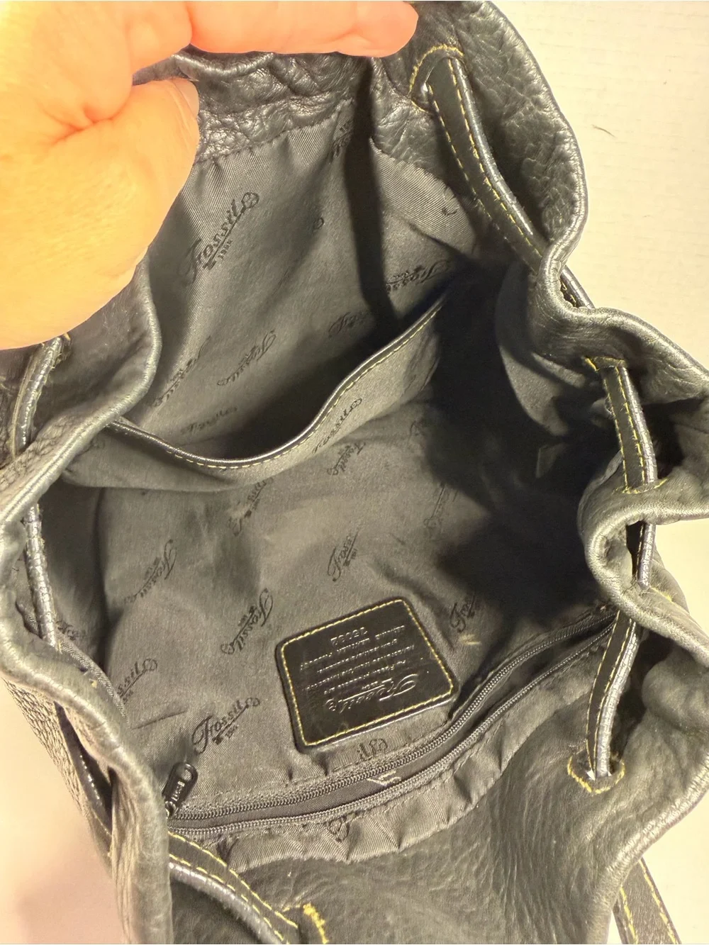 Fossil Vintage 1954 Black Pebble Leather Drawstring Backpack Handbag